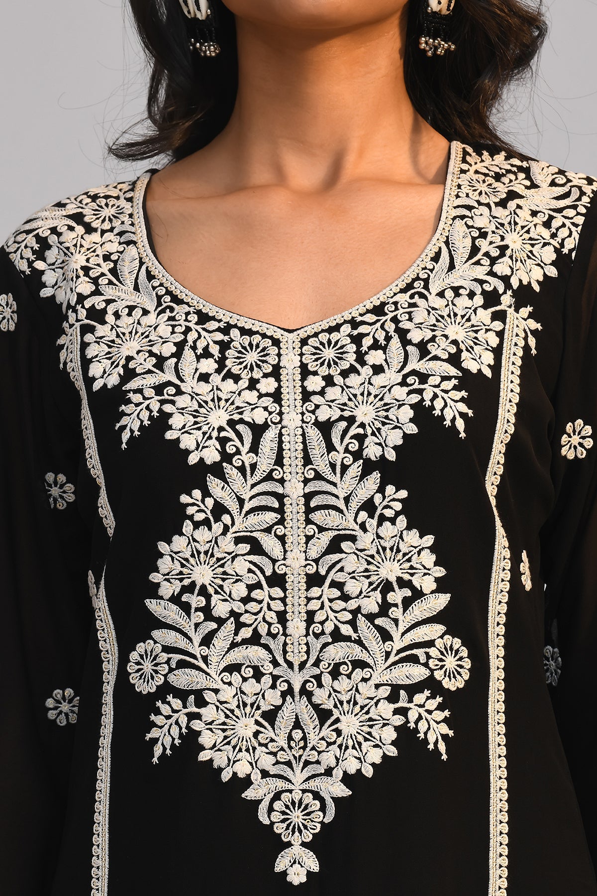 Black Chikankari Straight Kurta 3 Pcs Set