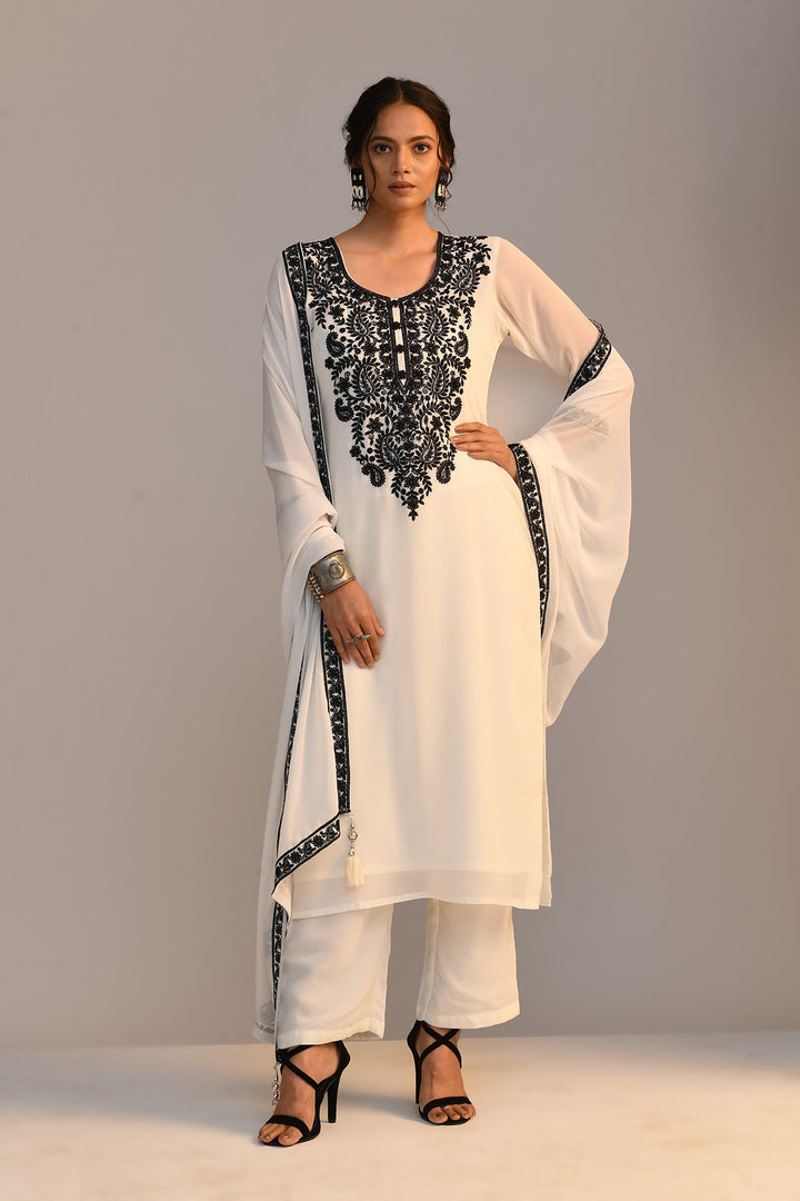 Cream Embroidered Straight Kurta 3 Pcs Set