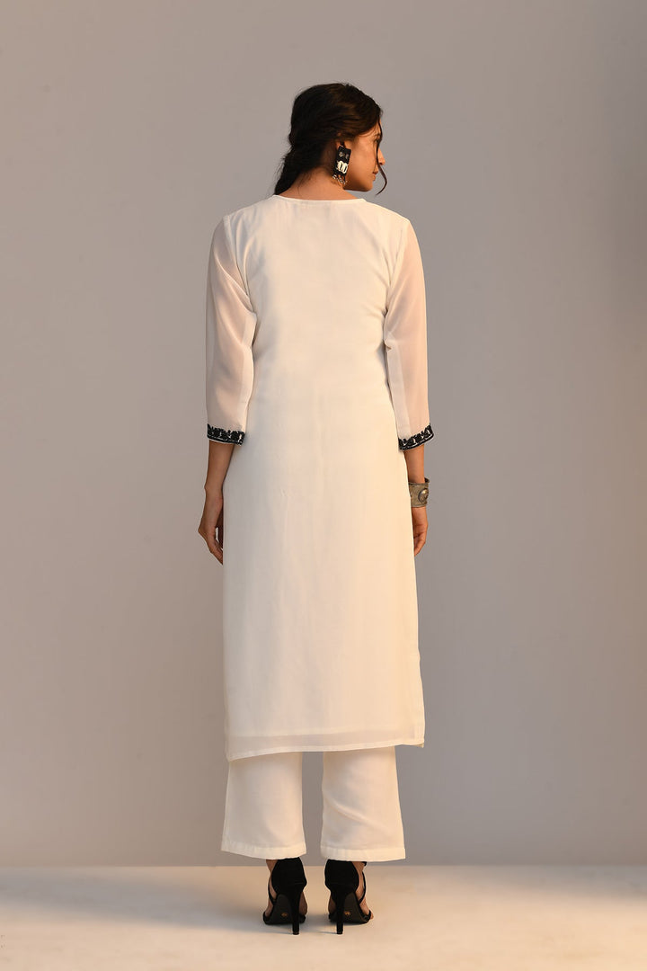 Cream Embroidered Straight Kurta 3 Pcs Set