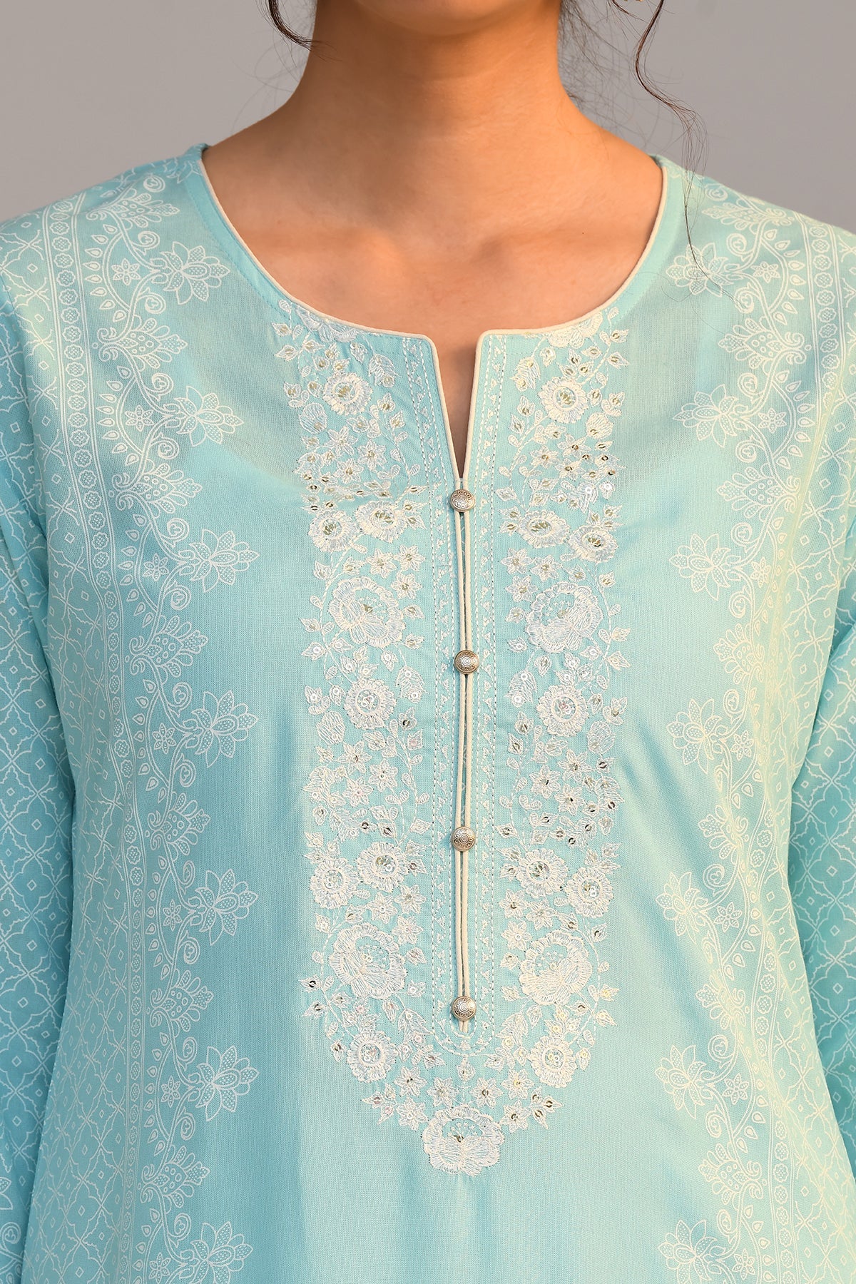Sky Blue Yoke Embroidered Printed Kurta Set
