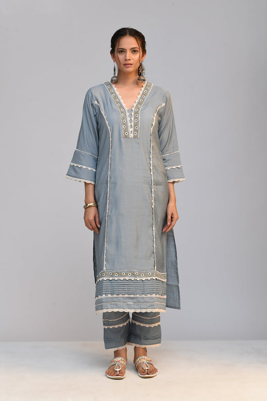 Grey Embroidered Straight Kurta 3 Pcs Set