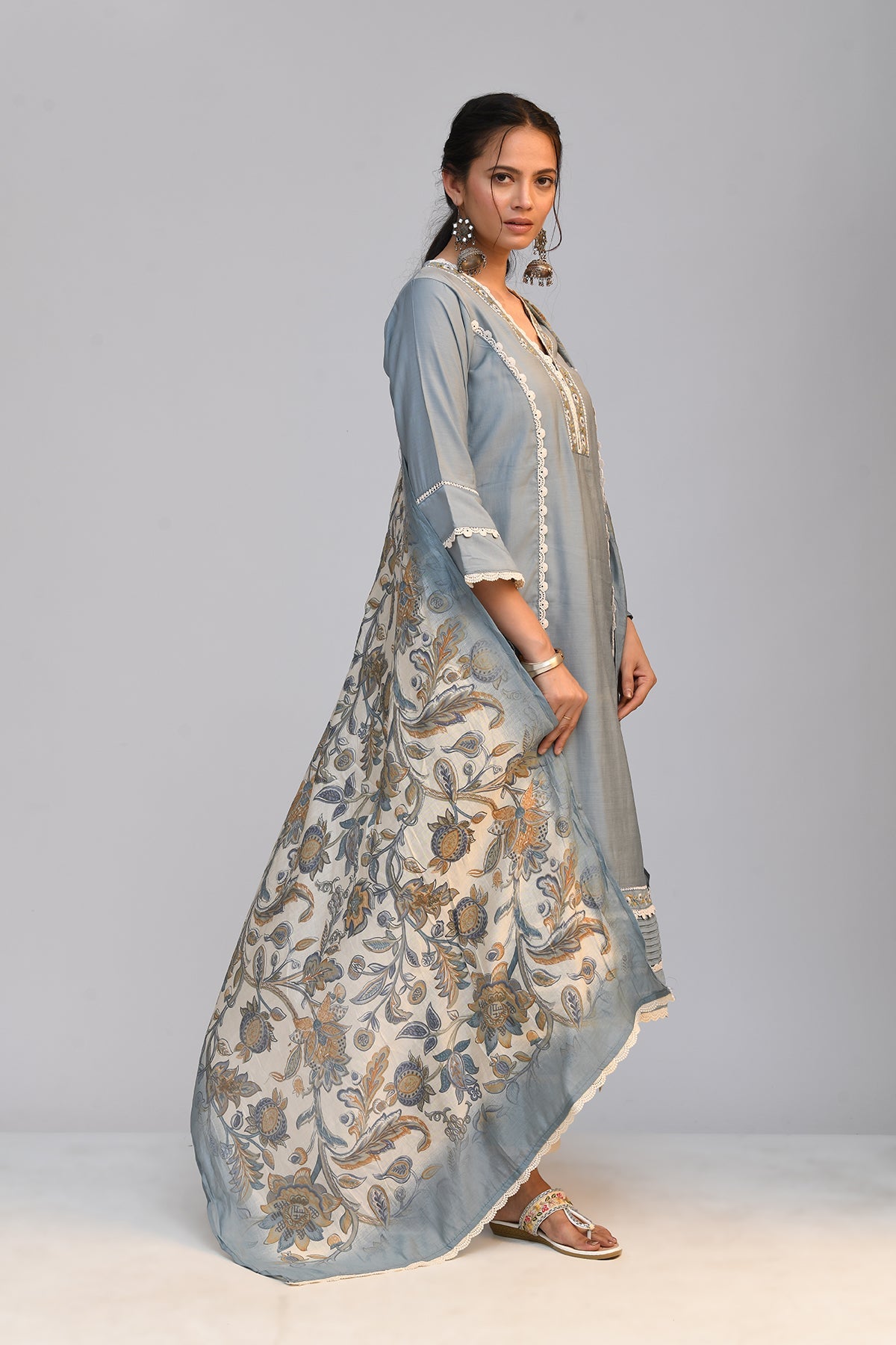Grey Embroidered Straight Kurta 3 Pcs Set