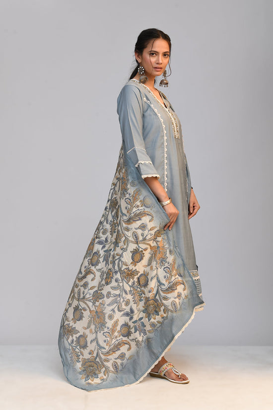 Grey Embroidered Straight Kurta 3 Pcs Set