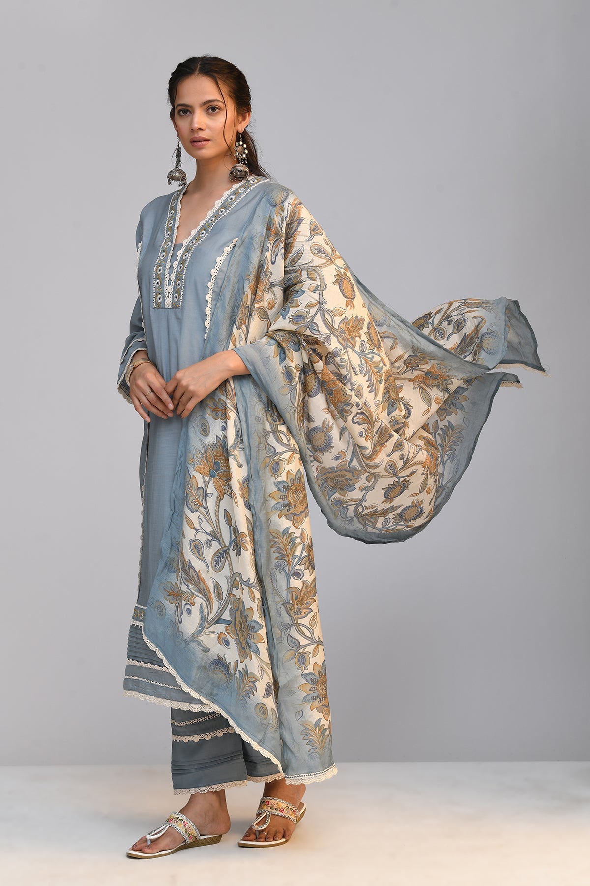 Grey Embroidered Straight Kurta 3 Pcs Set