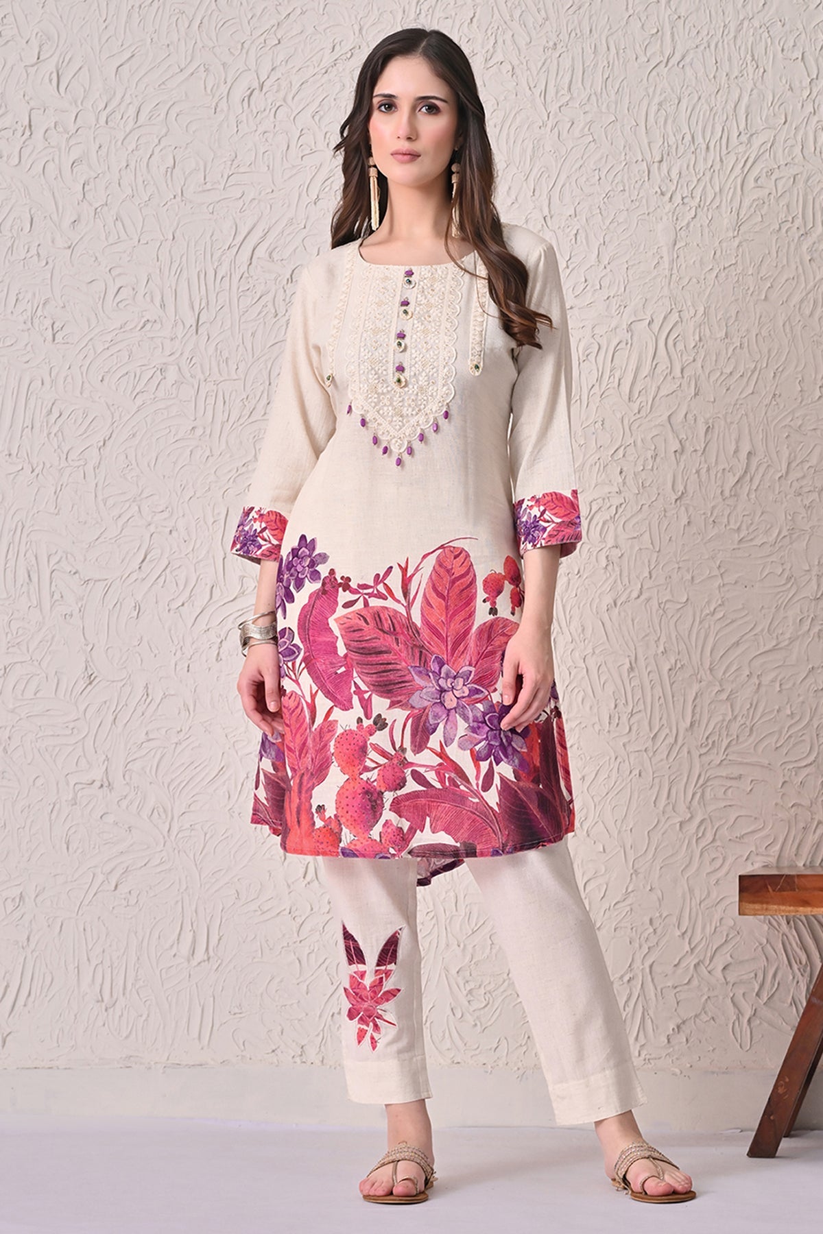 Cream Printed Kurta 2 Pcs Set