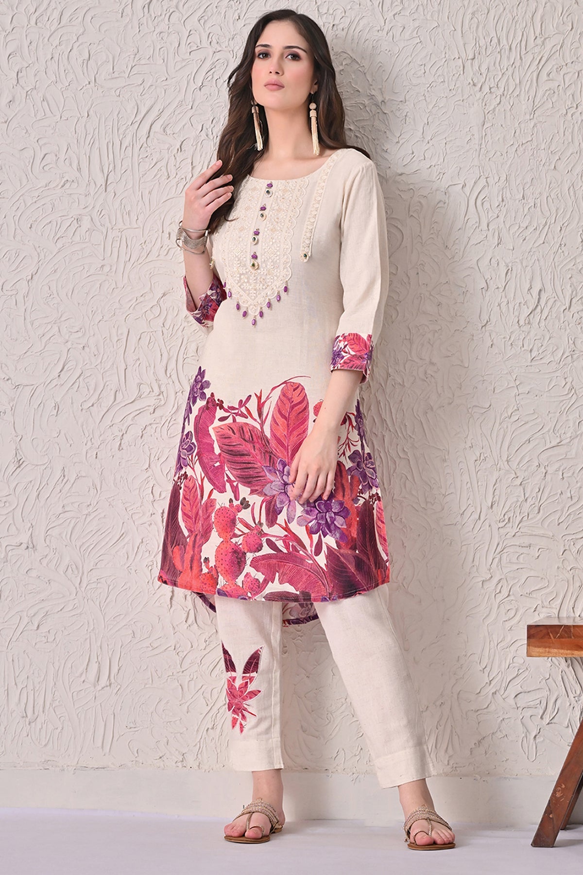 Cream Printed Kurta 2 Pcs Set