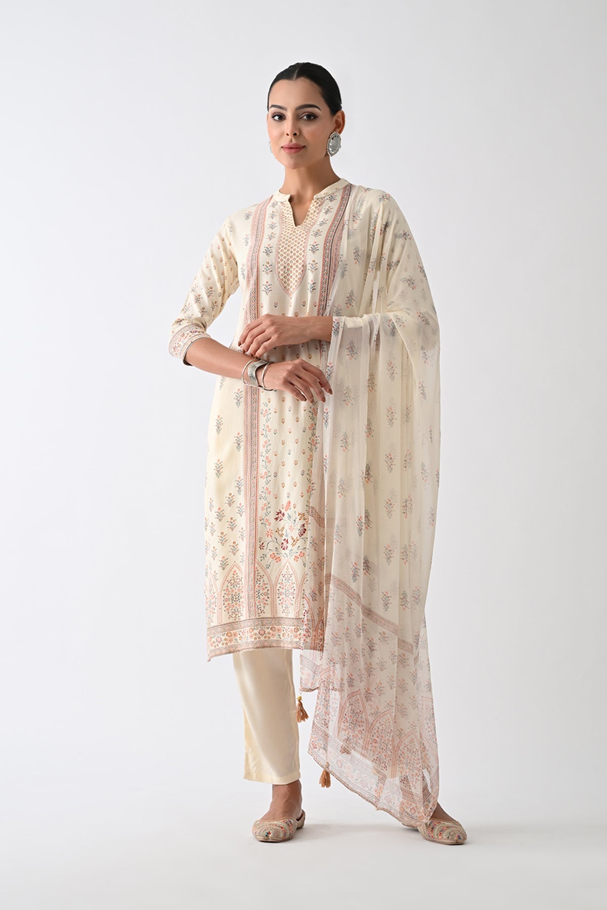 Cream Printed Kurta 3 Pcs Set