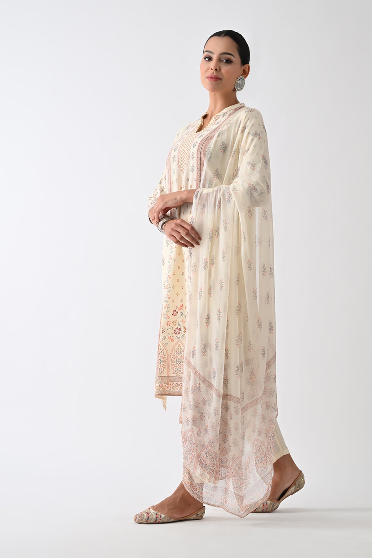 Cream Printed Kurta 3 Pcs Set