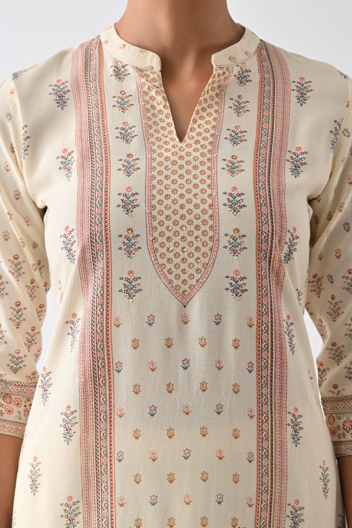 Cream Printed Kurta 3 Pcs Set