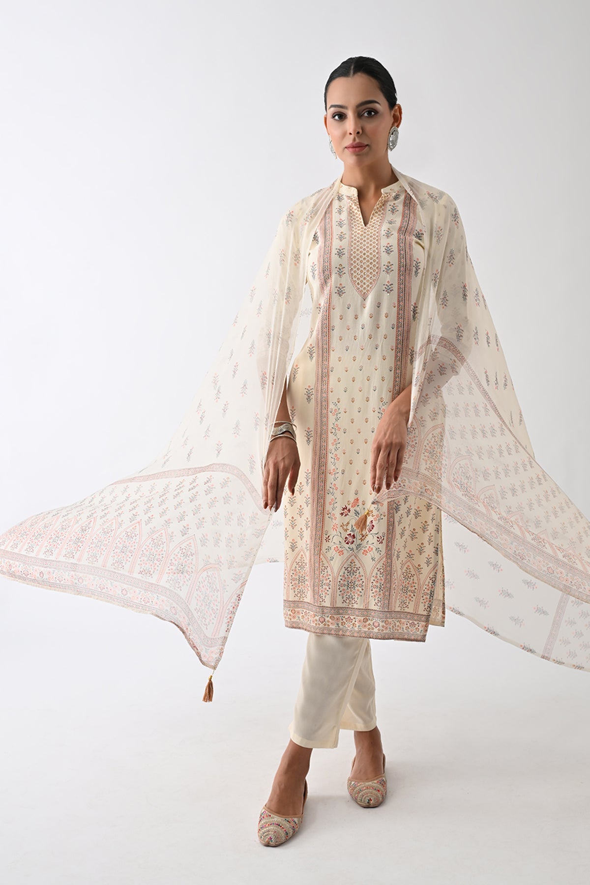 Cream Printed Kurta 3 Pcs Set