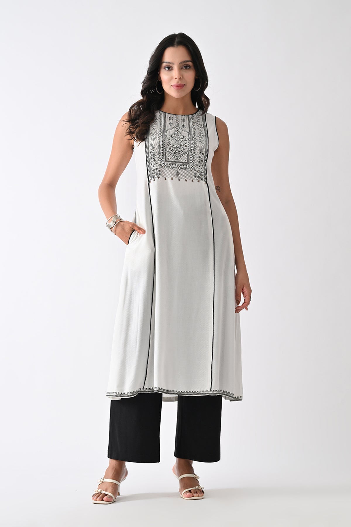 White Printed A-line Kurta