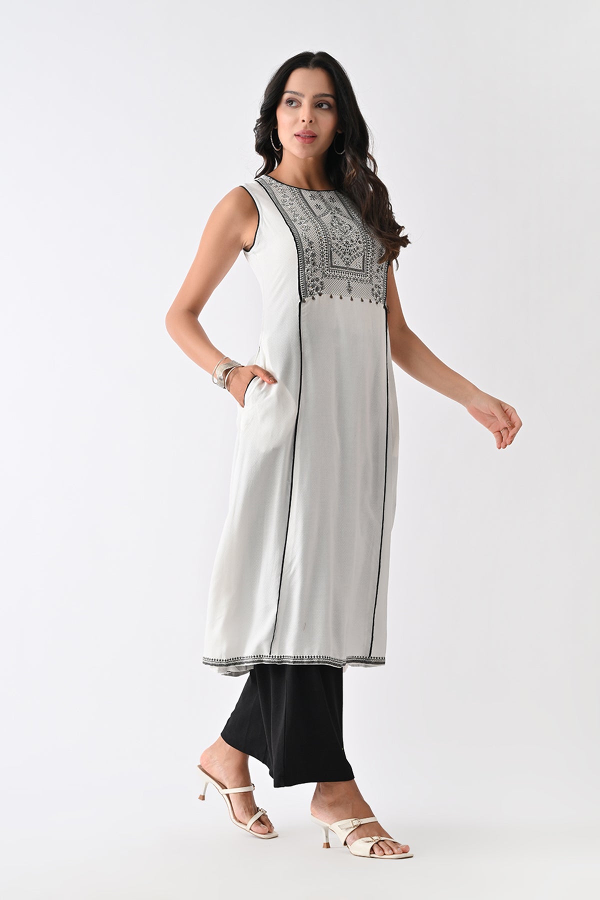 White Printed A-line Kurta
