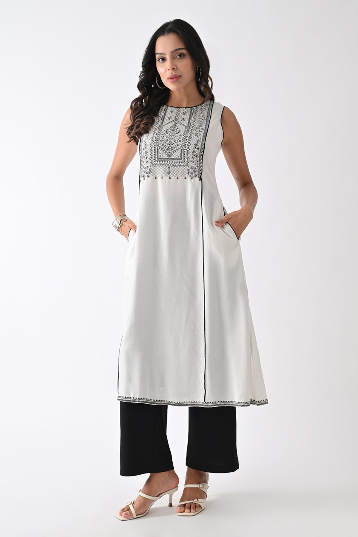 White Printed A-line Kurta