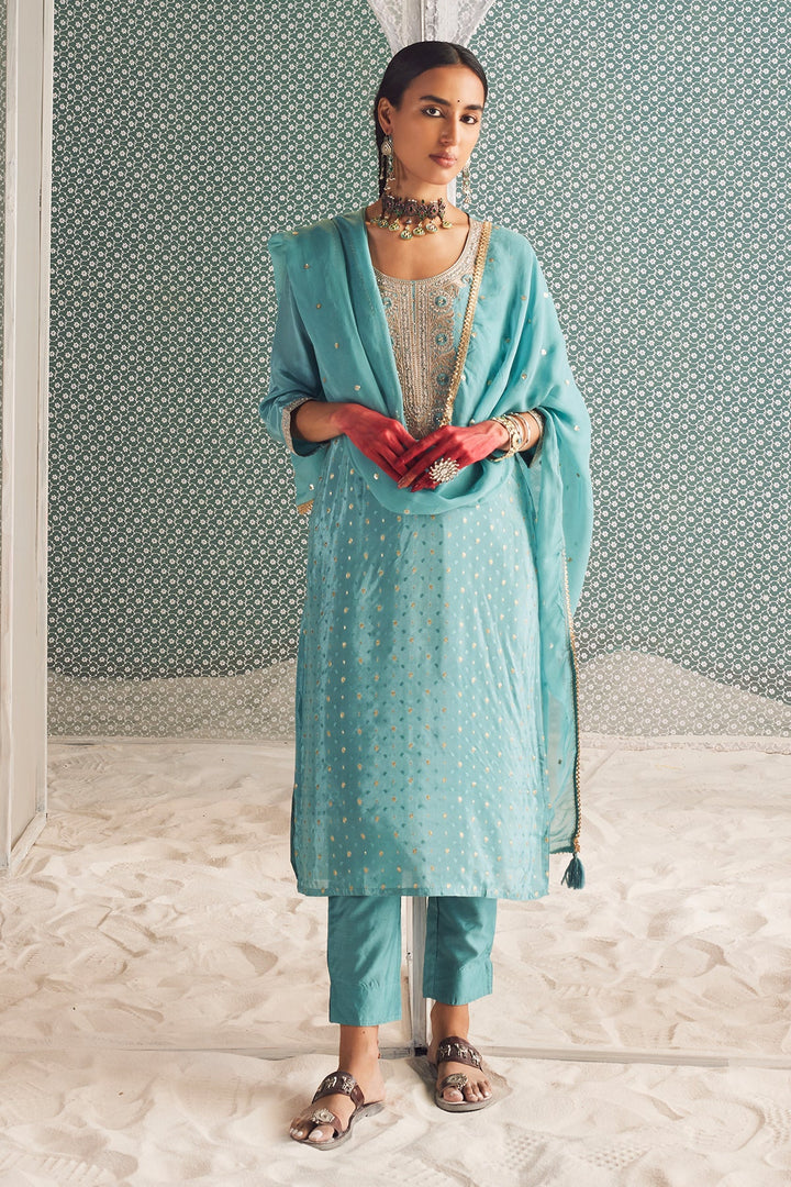 Green Yoke Embroidered Printed Kurta Set