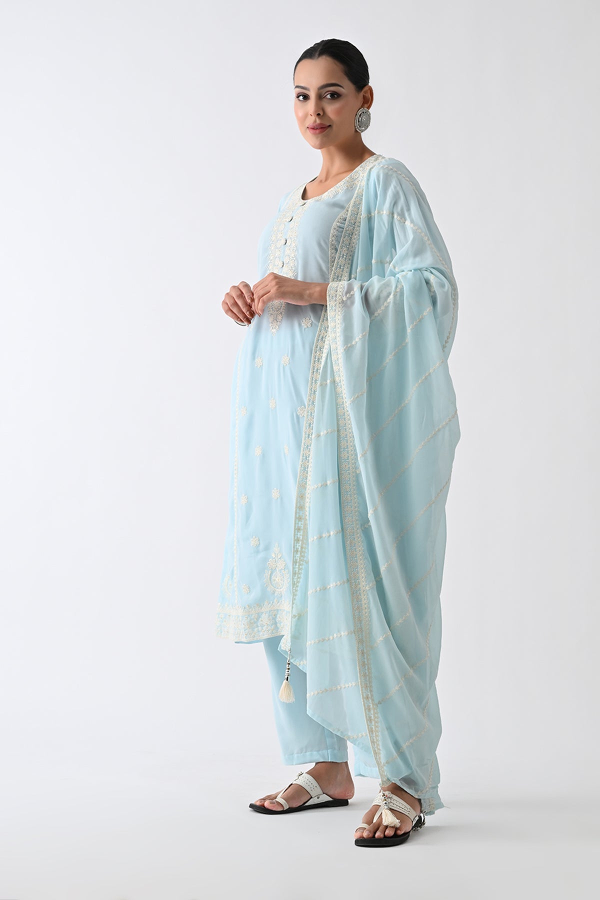 Blue Embroidered Kurta 3 Pcs Set