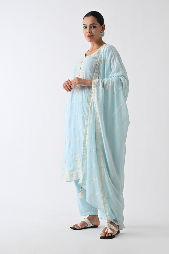 Blue Embroidered Kurta 3 Pcs Set