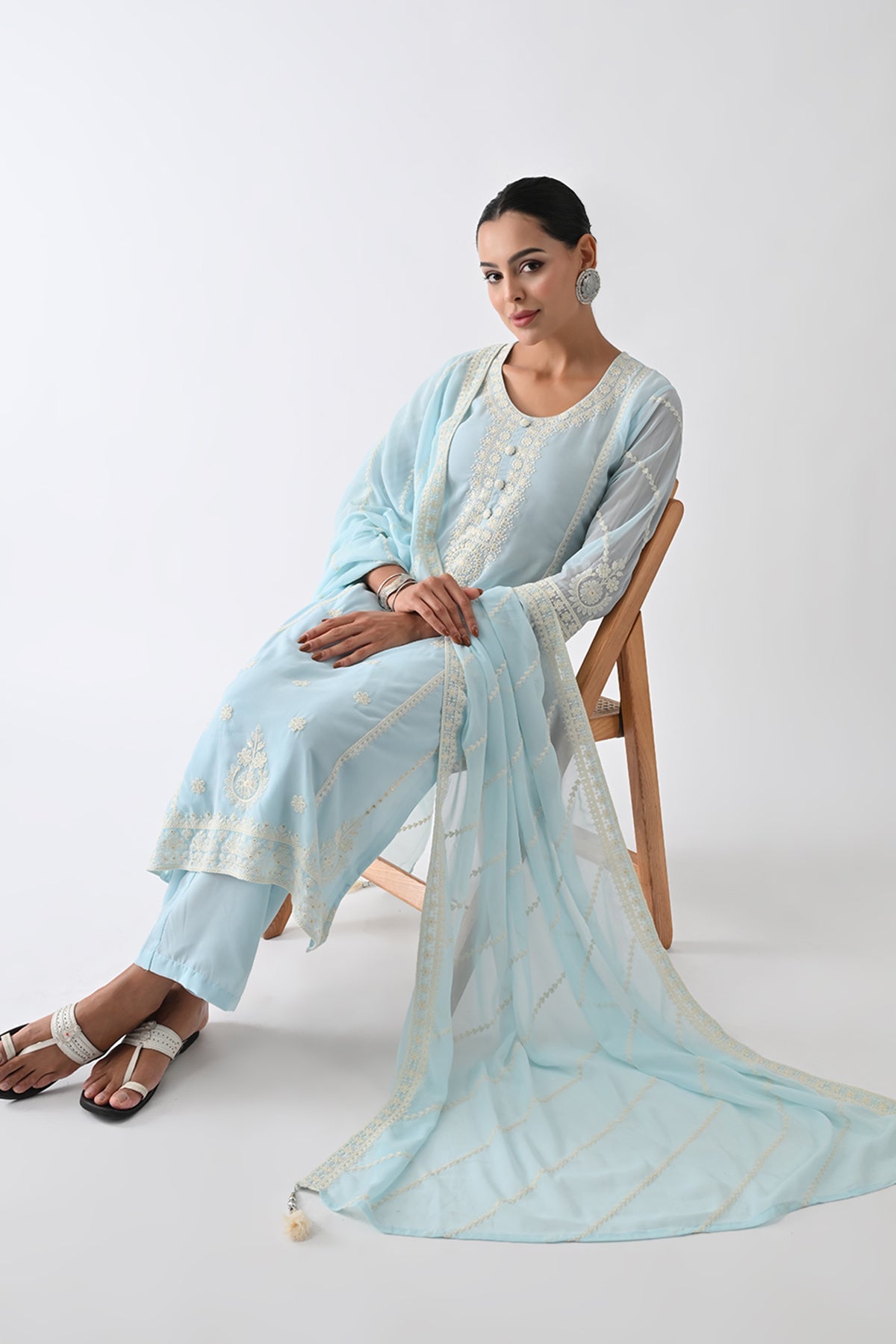 Blue Embroidered Kurta 3 Pcs Set