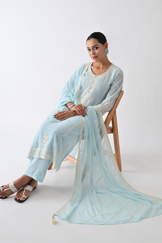 Blue Embroidered Kurta 3 Pcs Set