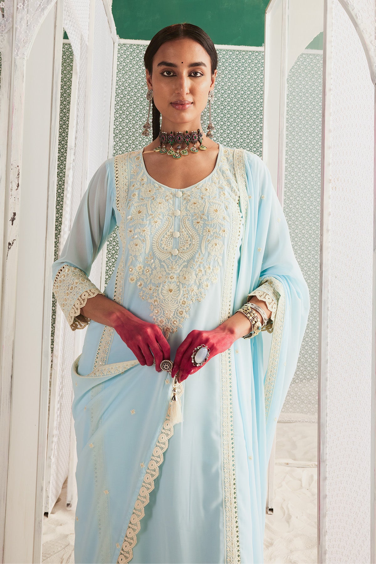 Buy | Women's Ethnic Wear | Blue Chikankari Straight Kurta Set (3 Piece ...