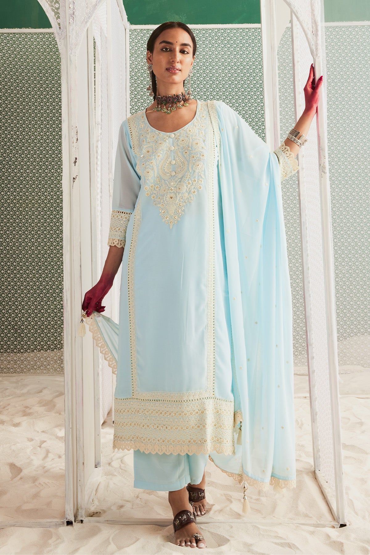 Blue Chikankari Straight Kurta Set  (3PC)
