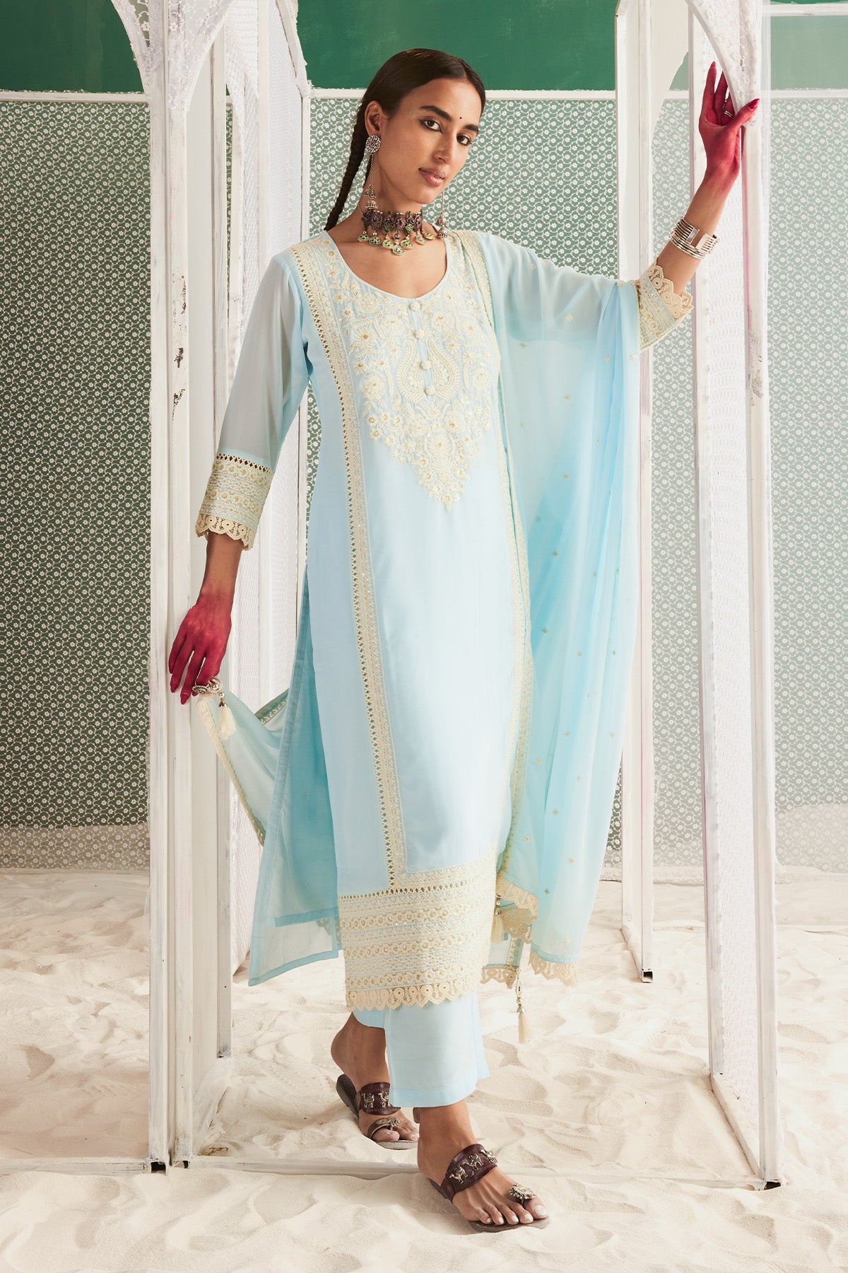 Blue Chikankari Straight Kurta Set  (3PC)
