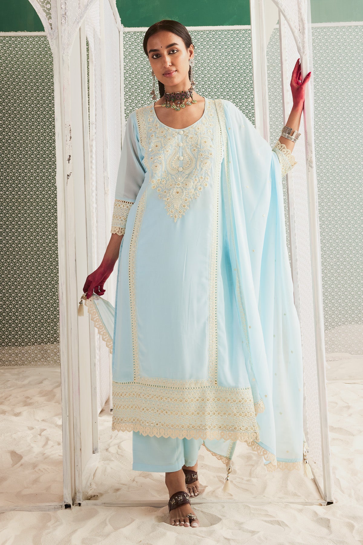 Blue Chikankari Straight Kurta Set  (3PC)