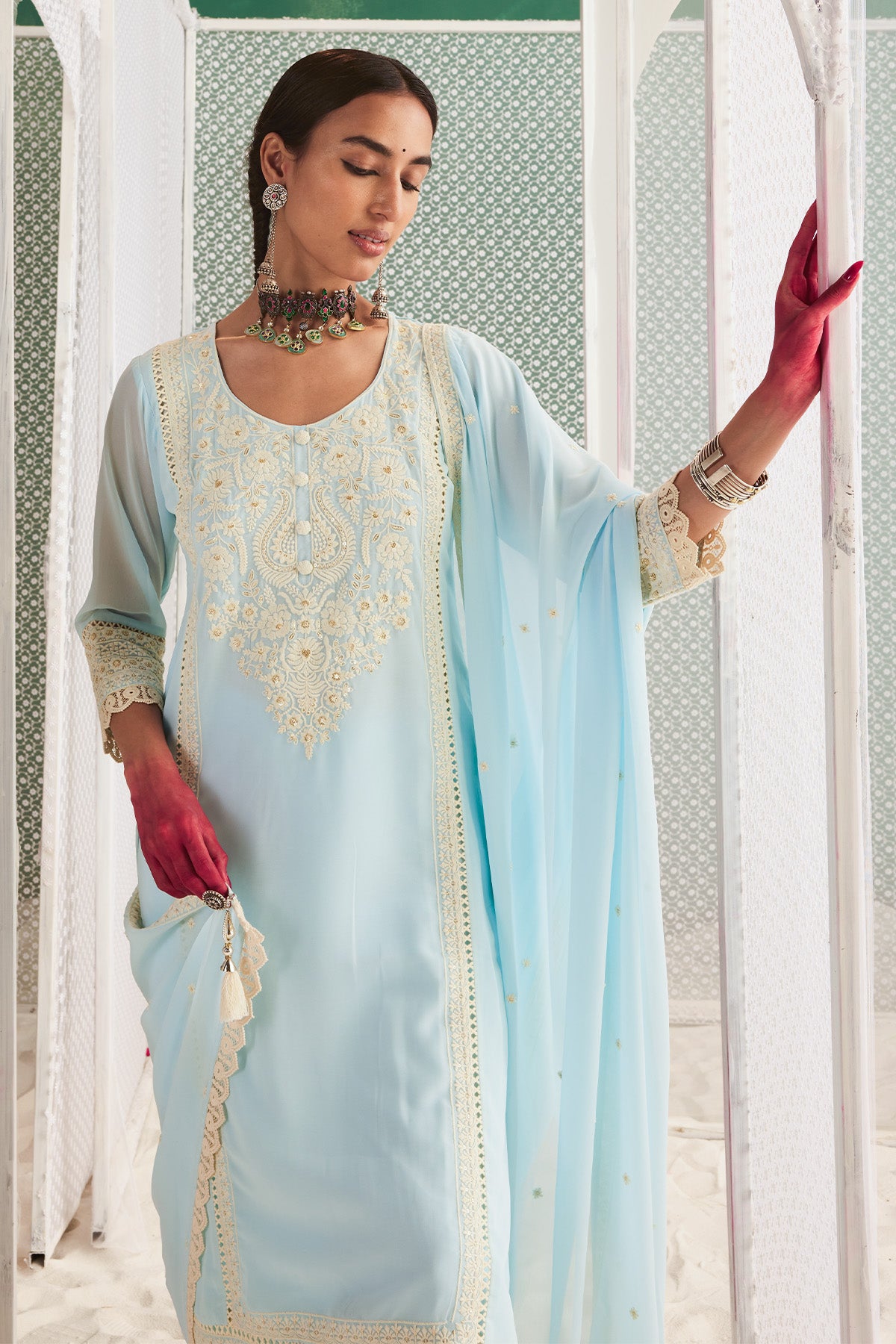 Buy | Women's Ethnic Wear | Blue Chikankari Straight Kurta Set (3 Piece ...
