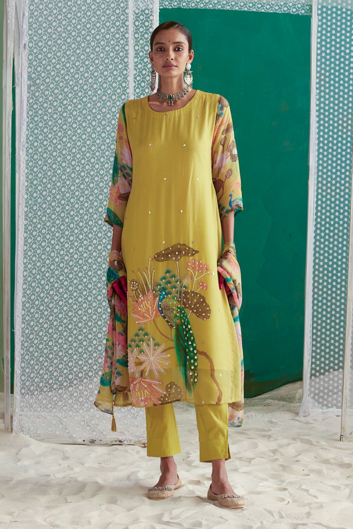Green Printed Kurta 3 Pcs Set