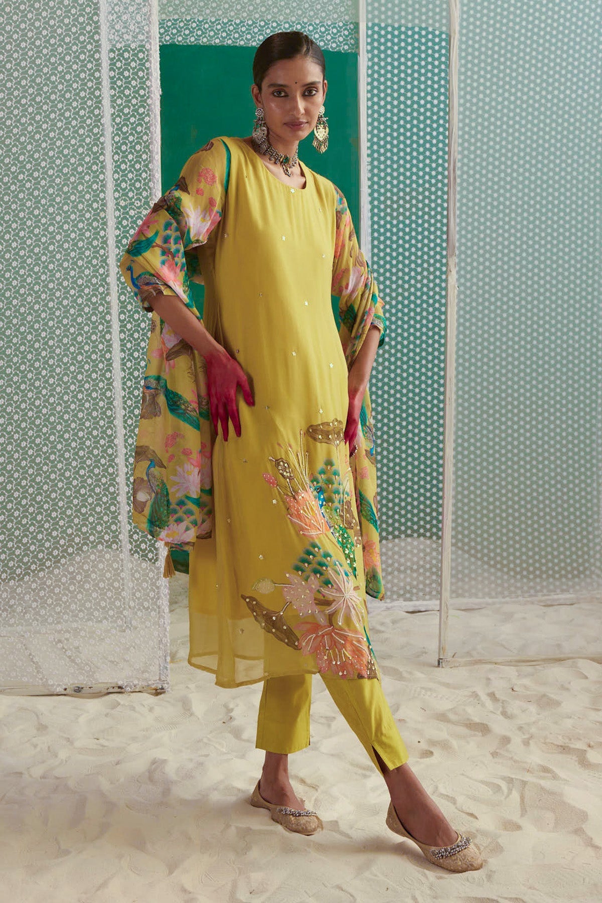 Green Printed Kurta 3 Pcs Set