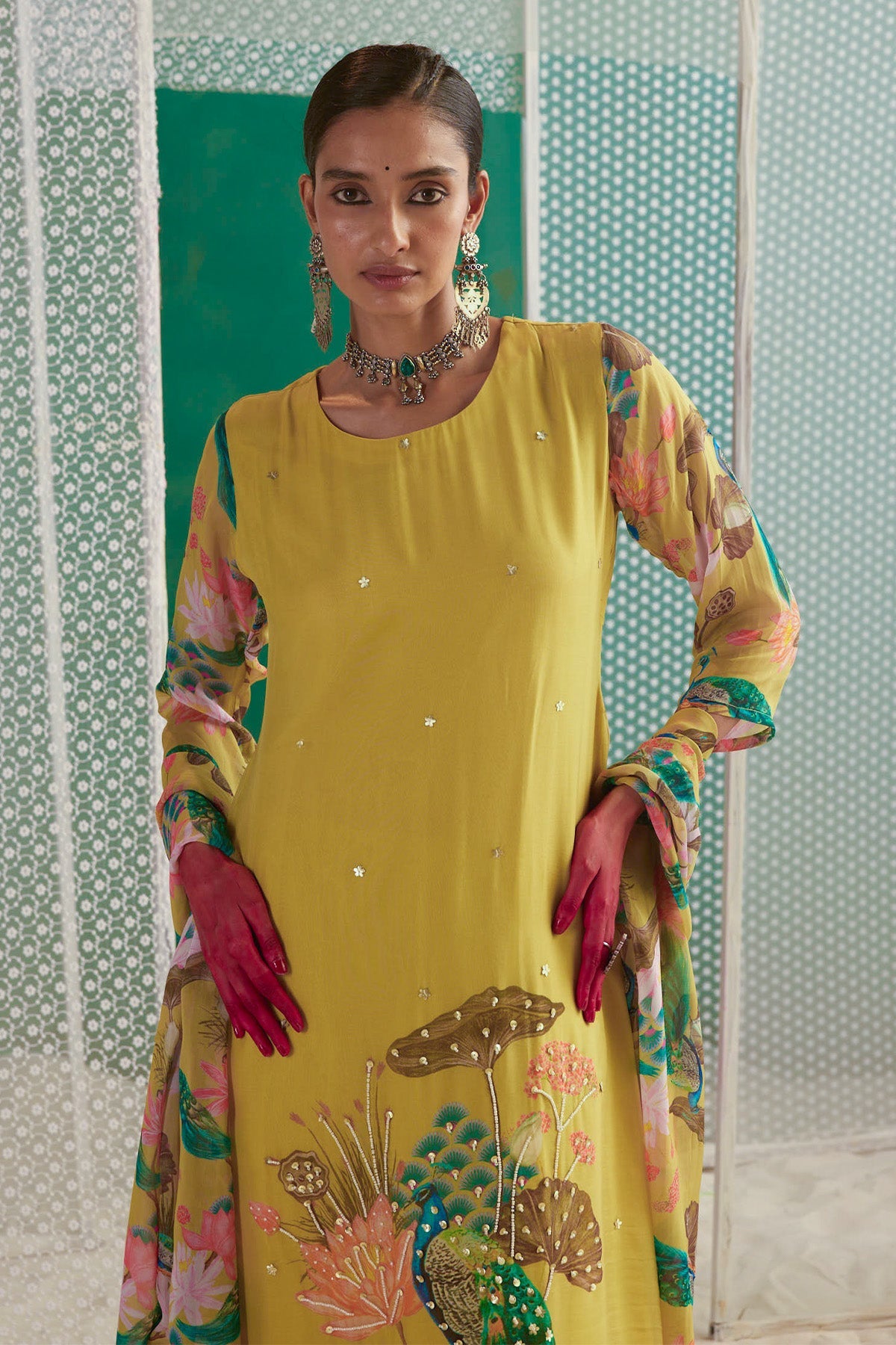 Green Printed Kurta 3 Pcs Set