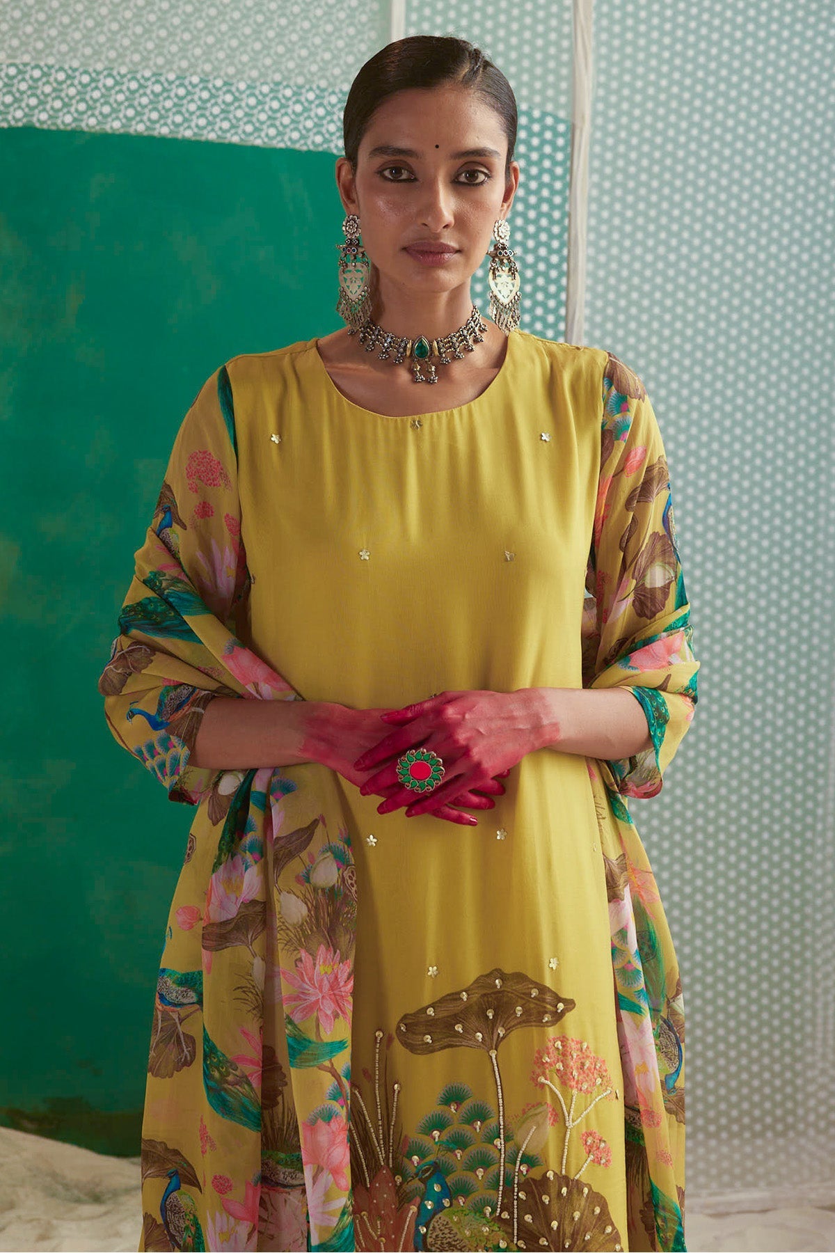 Green Printed Kurta 3 Pcs Set