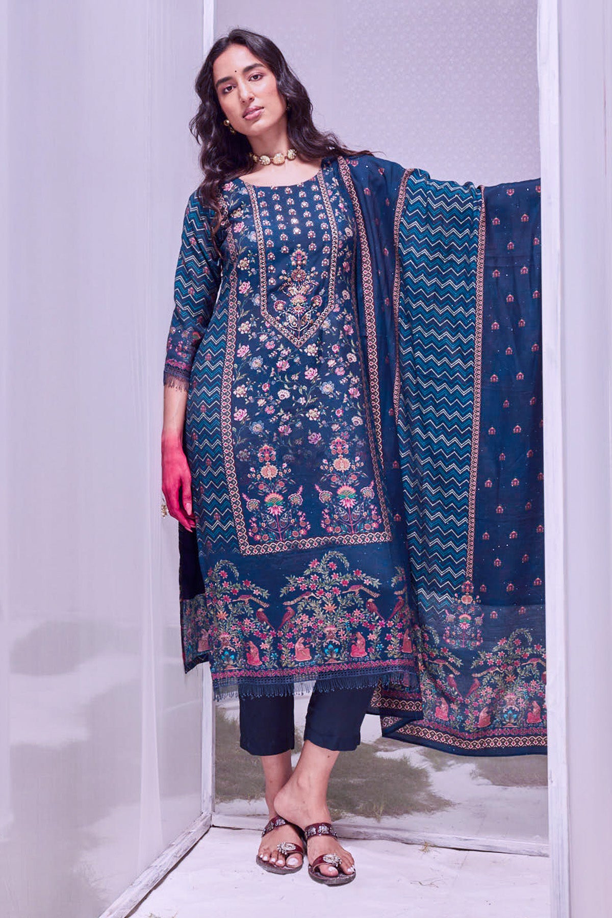 Blue Printed Kurta 3 Pcs Set