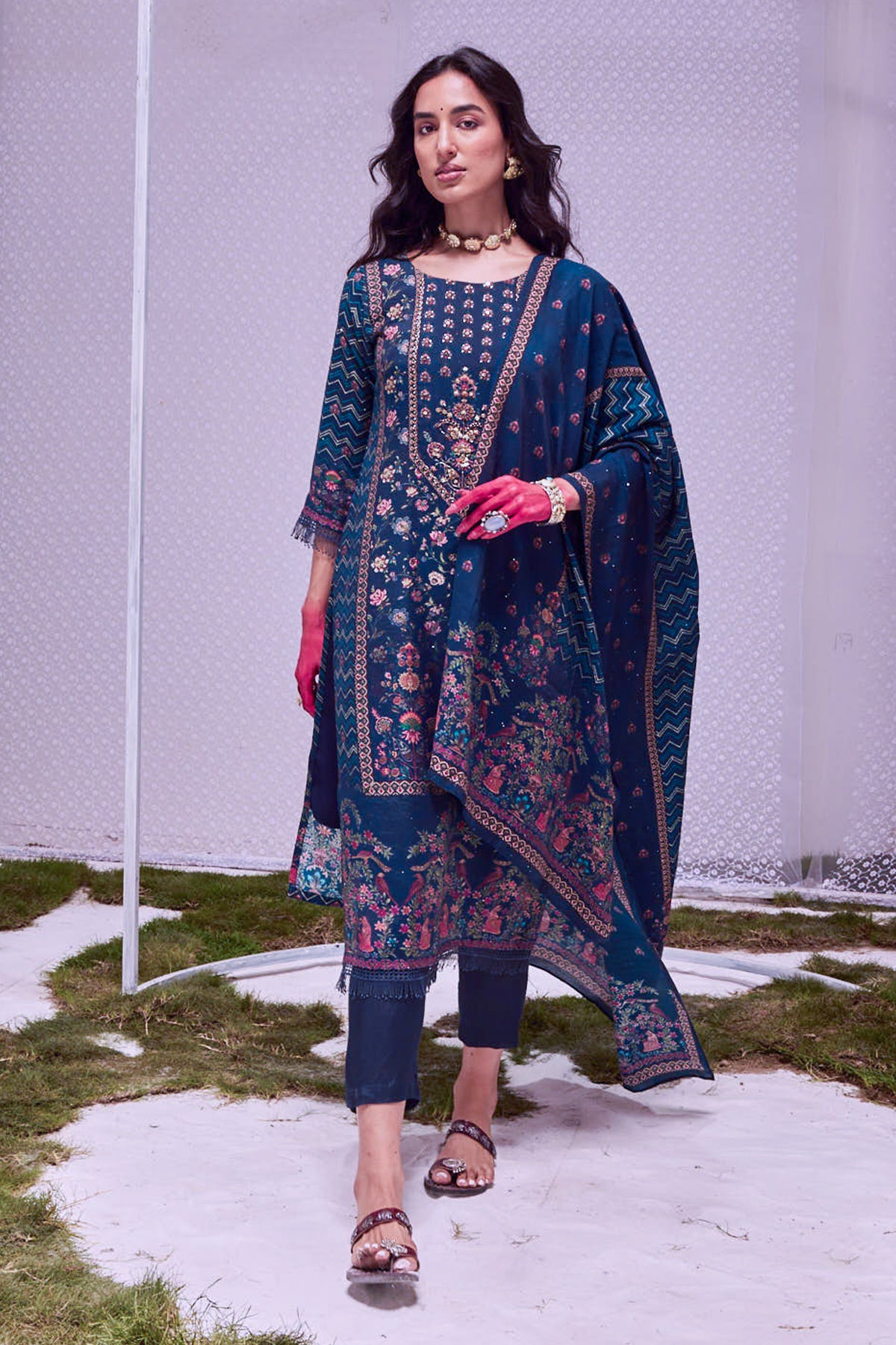 Blue Printed Kurta 3 Pcs Set