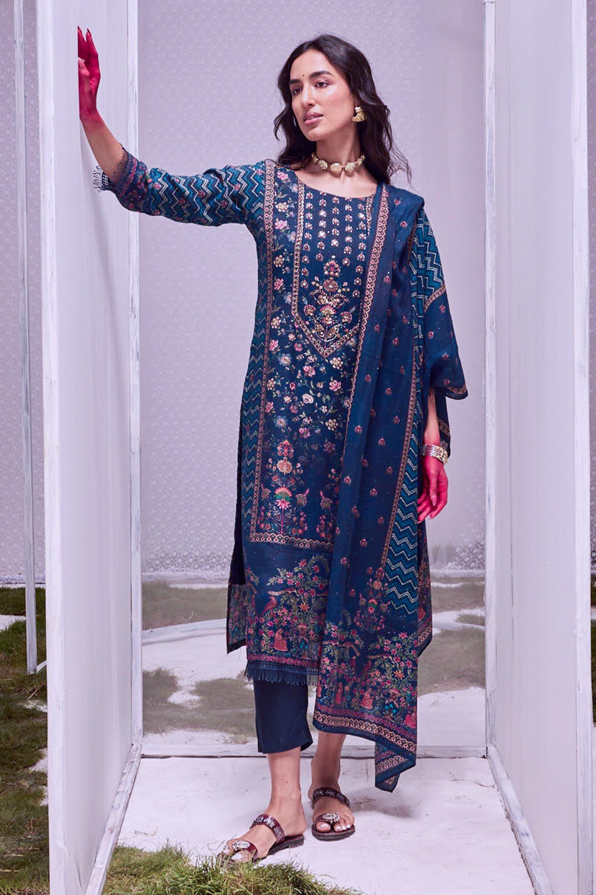 Blue Printed Kurta 3 Pcs Set