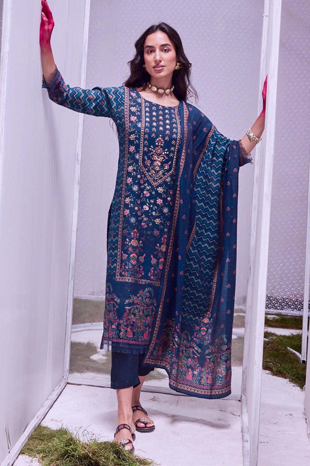 Blue Printed Kurta 3 Pcs Set