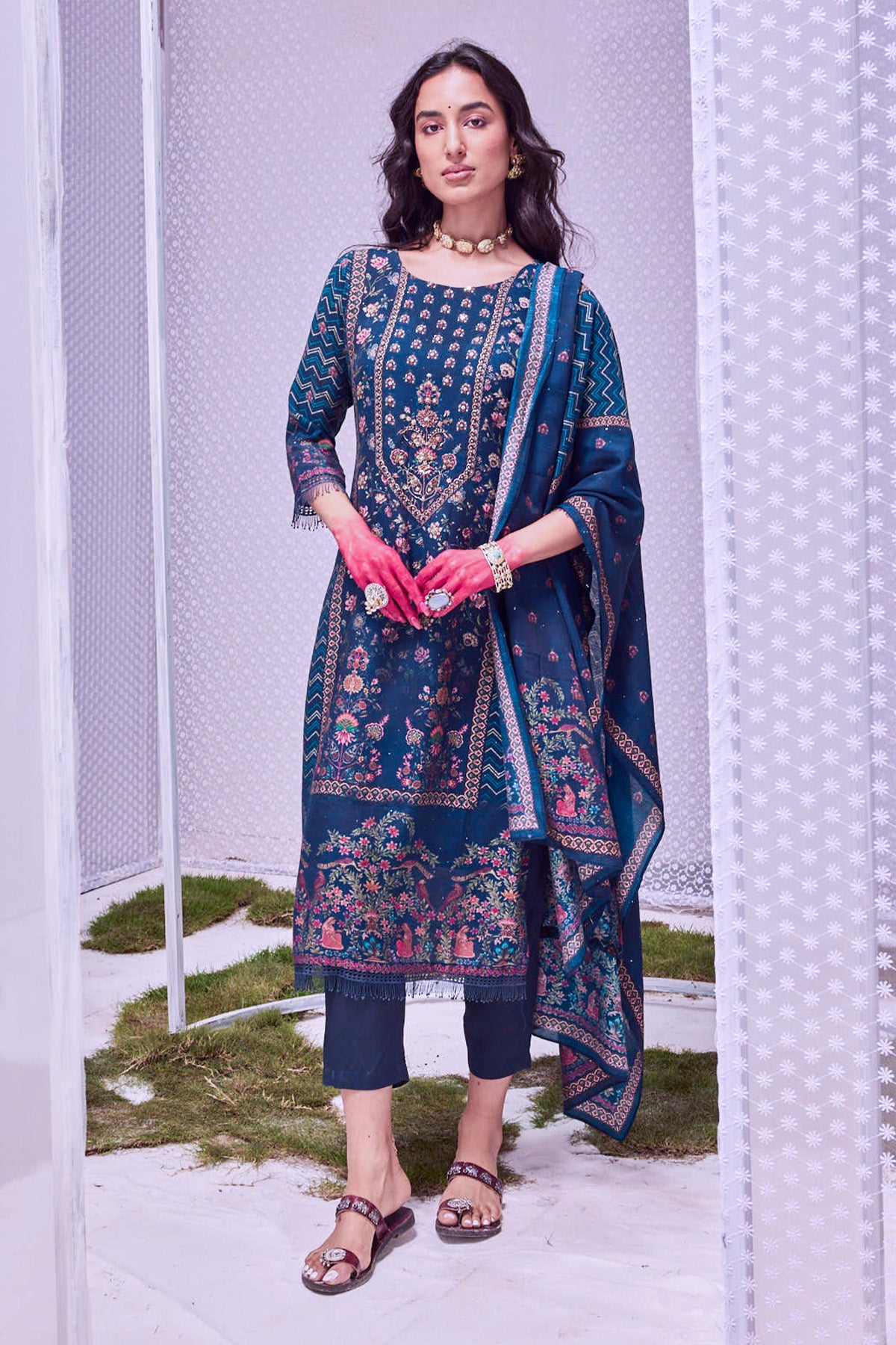 Blue Printed Kurta 3 Pcs Set
