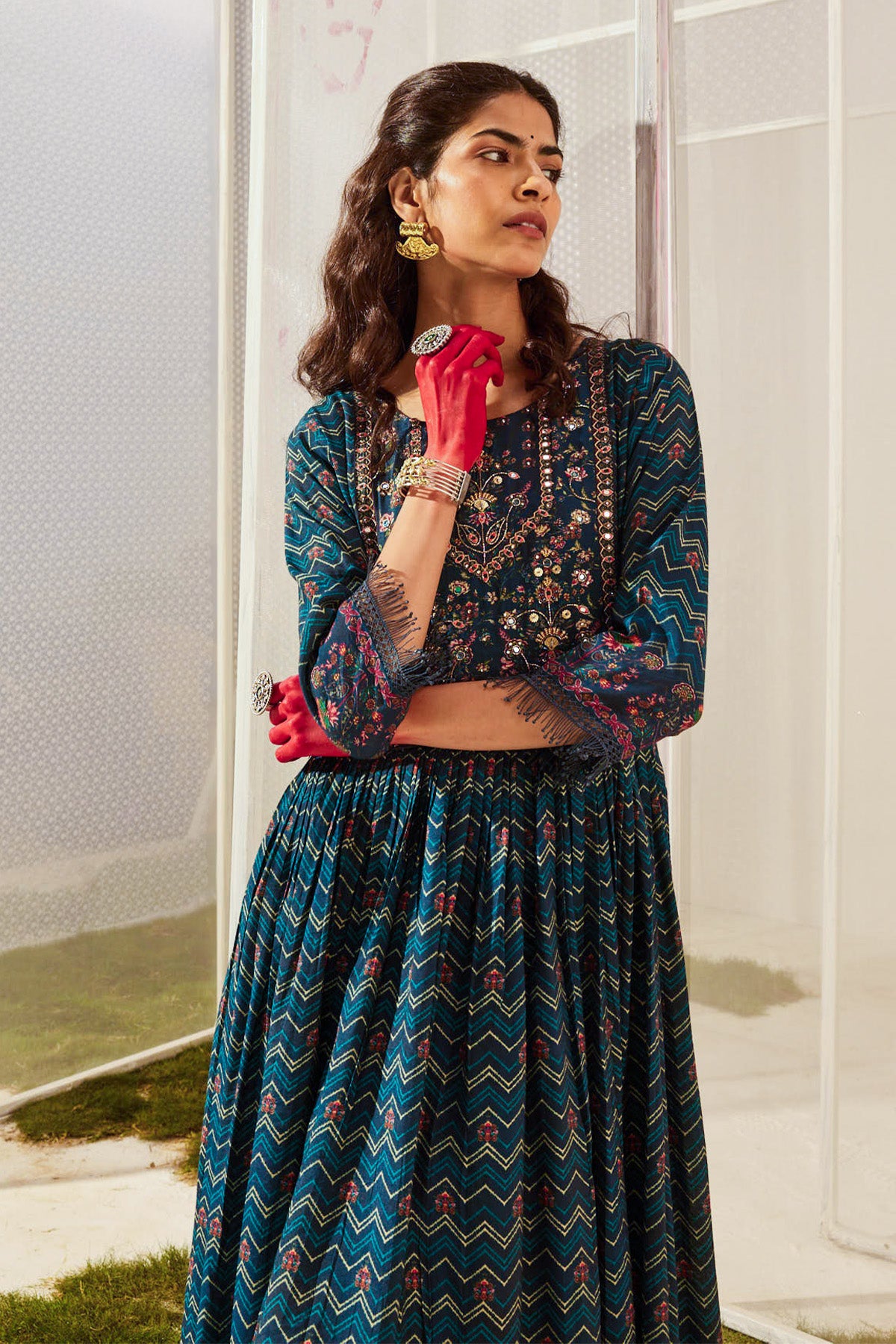 Blue Yoke Printed Dress