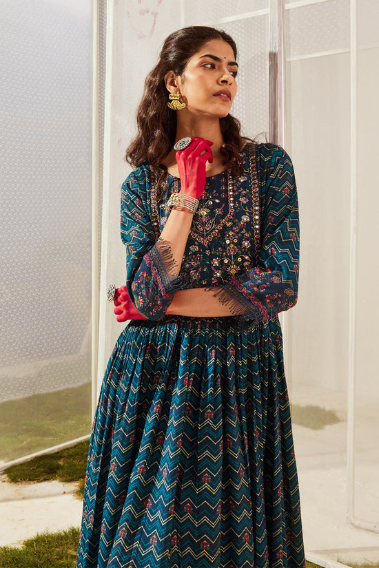 Blue Yoke Printed Dress