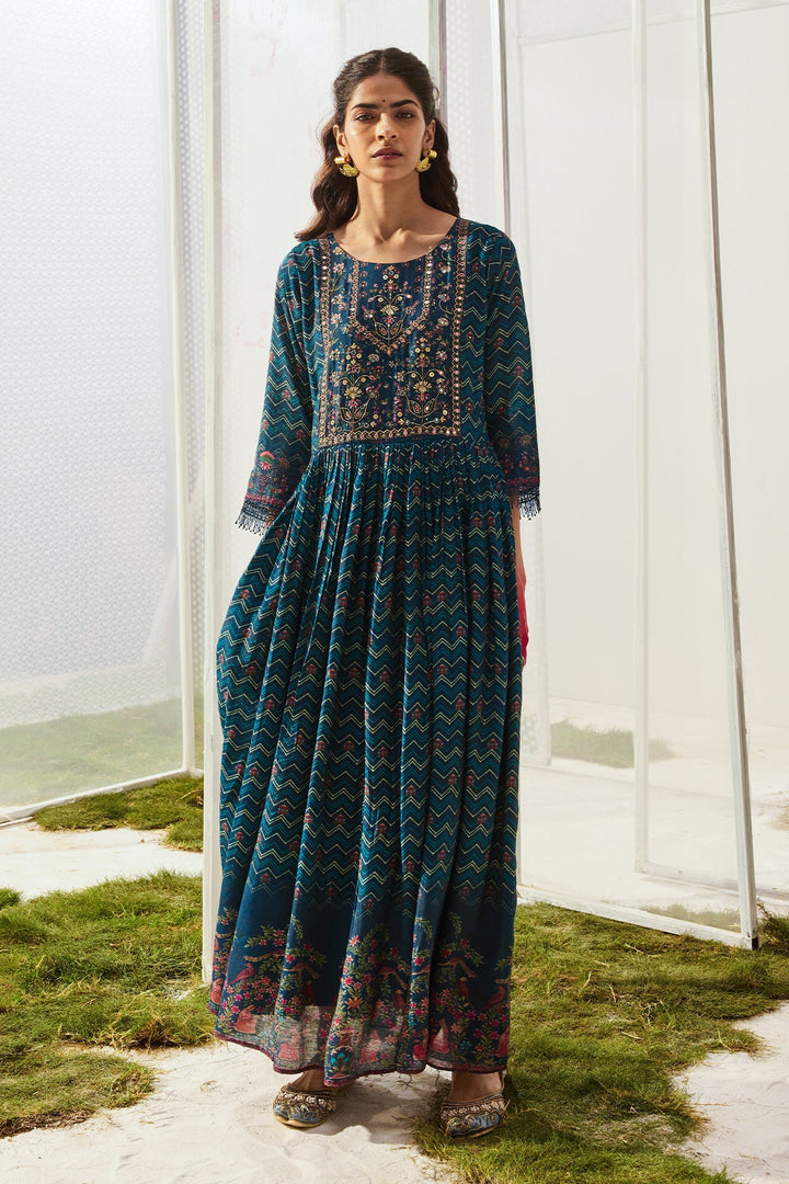 Blue Yoke Printed Dress