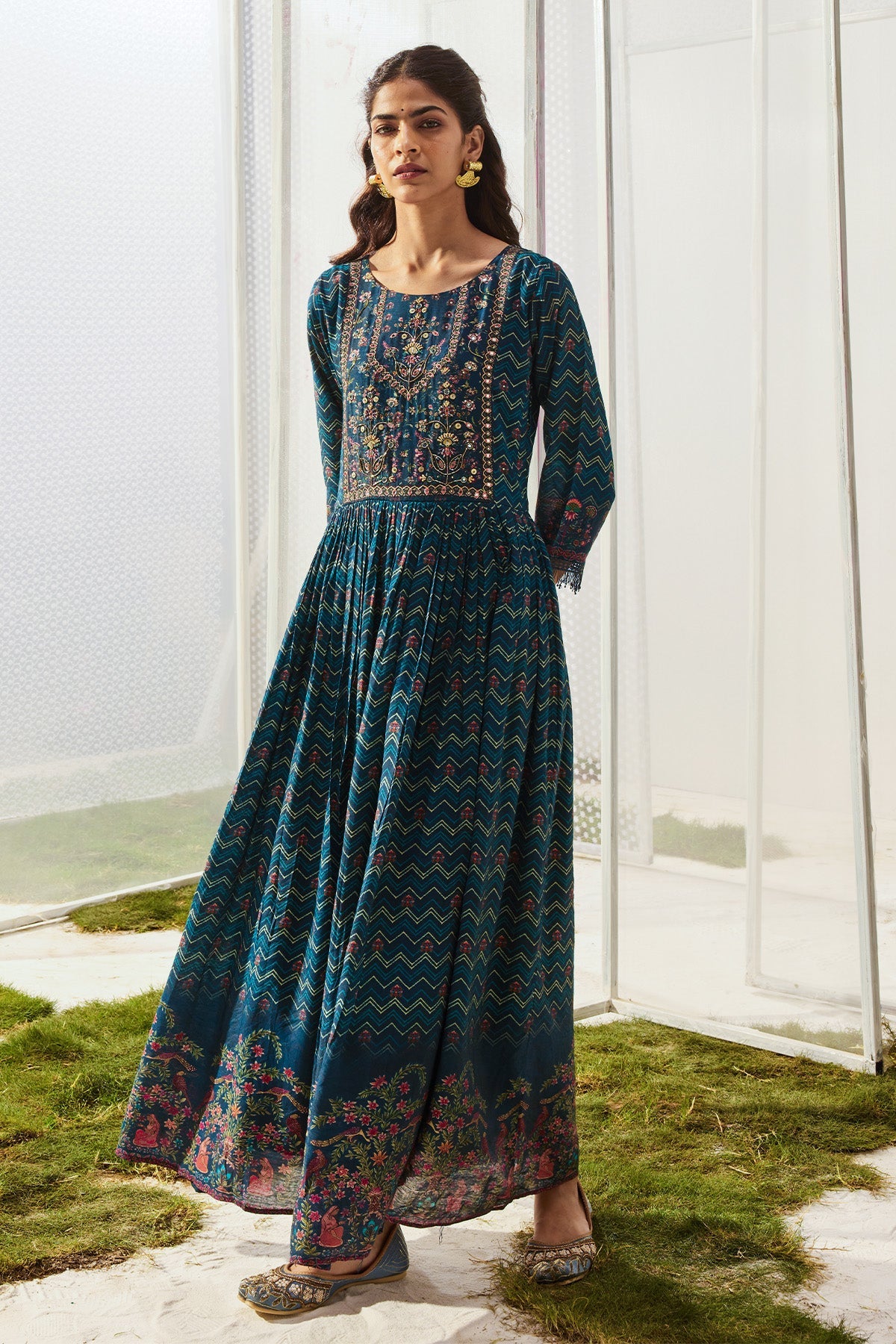 Blue Yoke Printed Dress