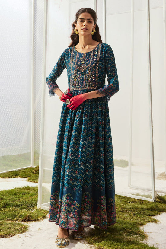 Blue Yoke Printed Dress