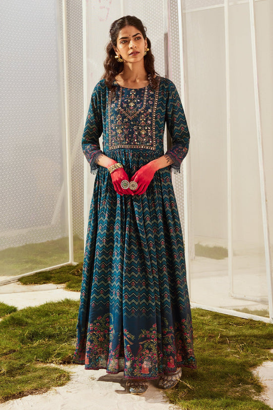 Blue Yoke Printed Dress