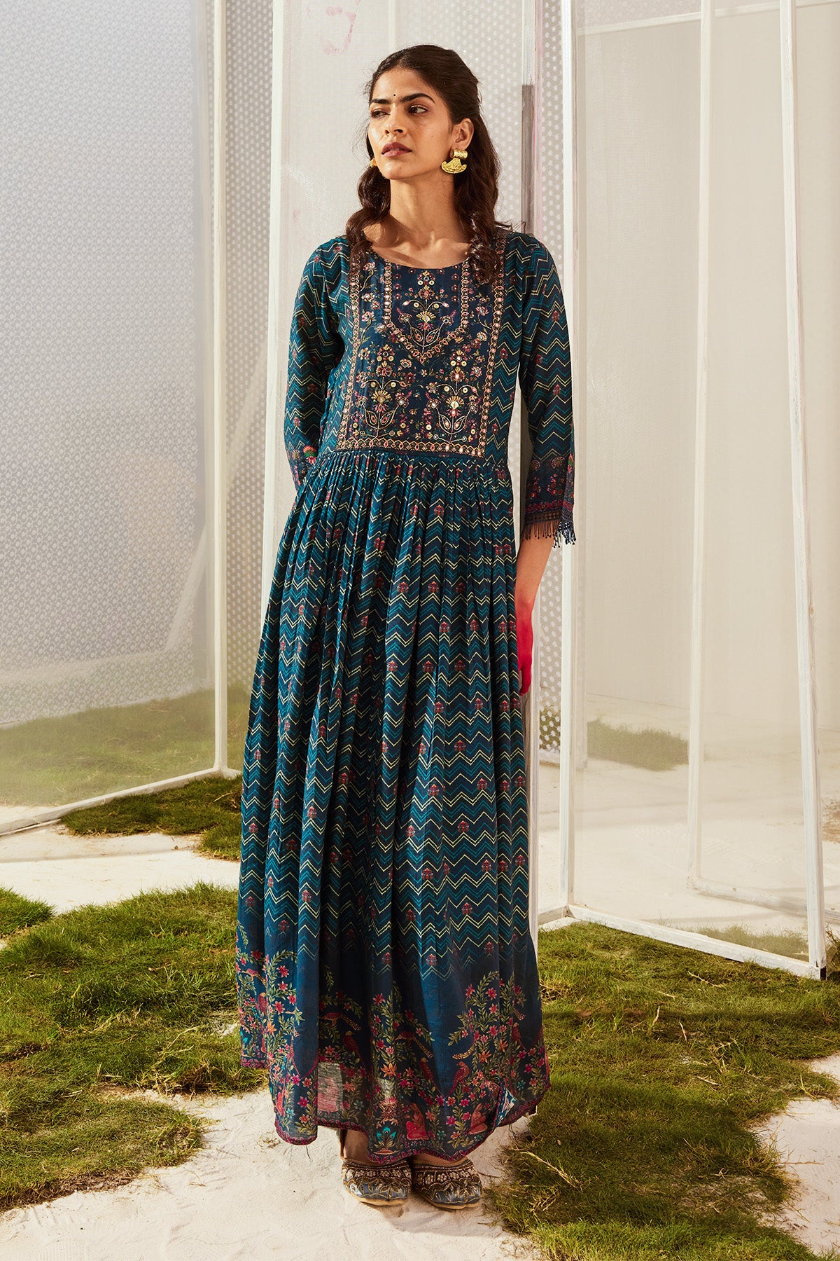 Blue Yoke Printed Dress