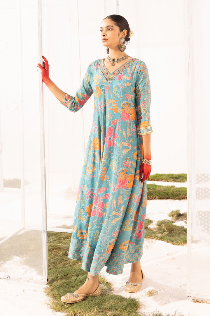 Blue Yoke Printed Dress