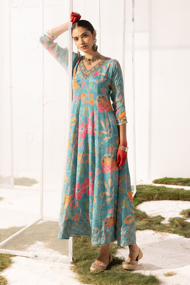 Blue Yoke Printed Dress