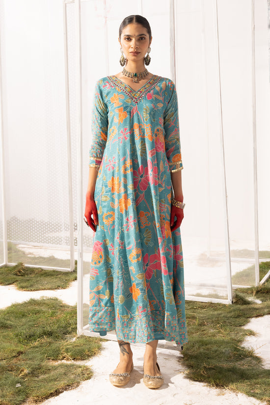 Blue Yoke Printed Dress