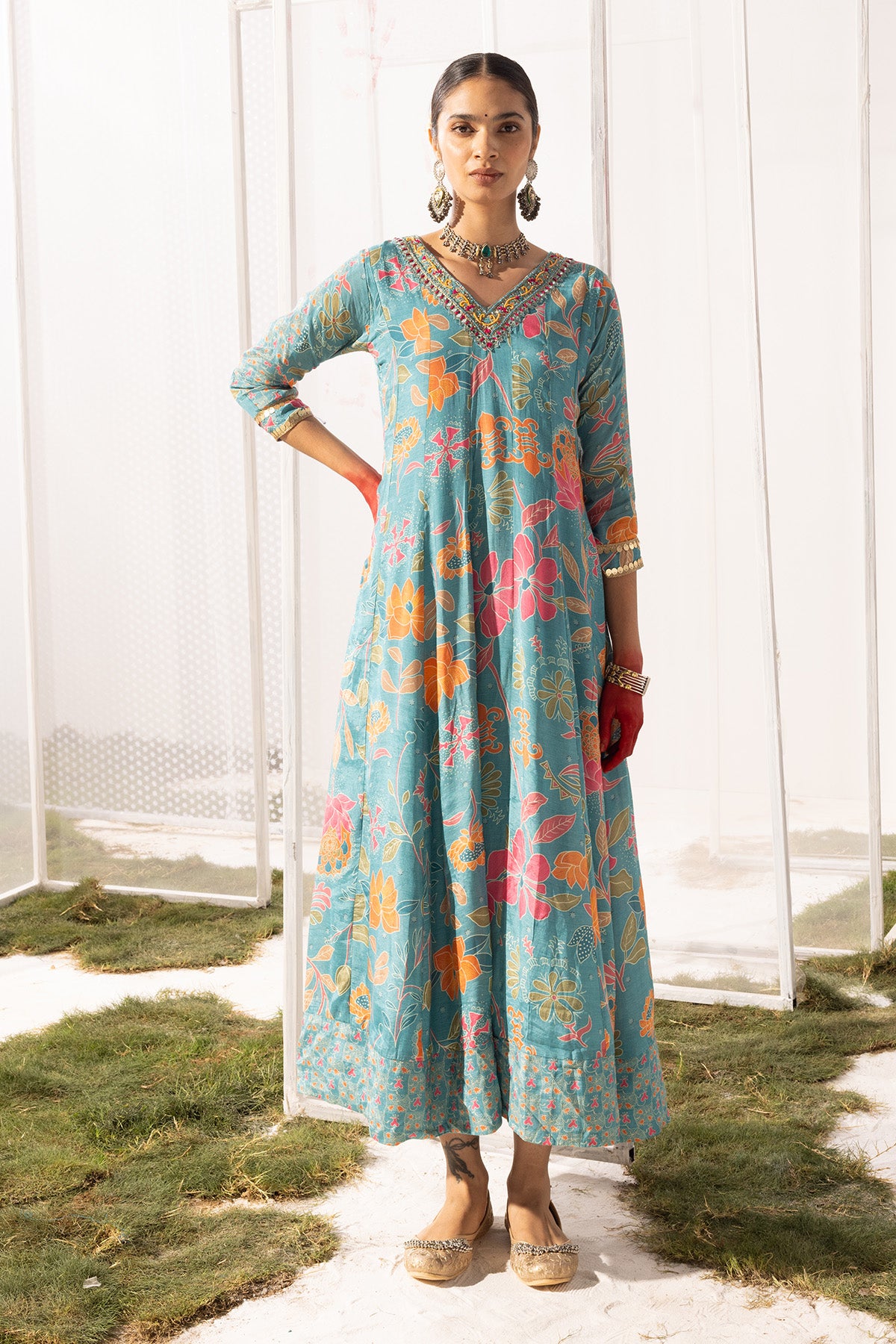 Blue Yoke Printed Dress