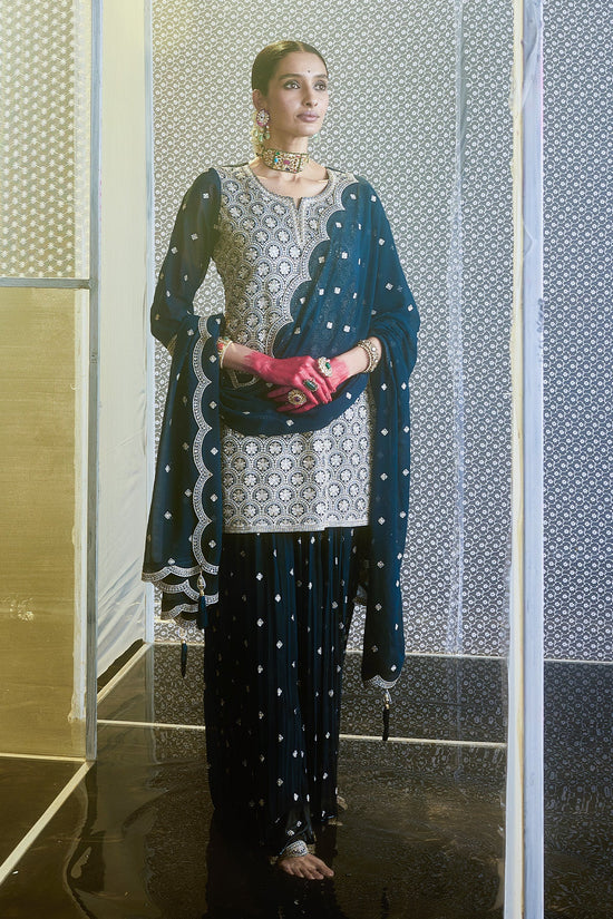 Blue Embroidered Short Kurta Set