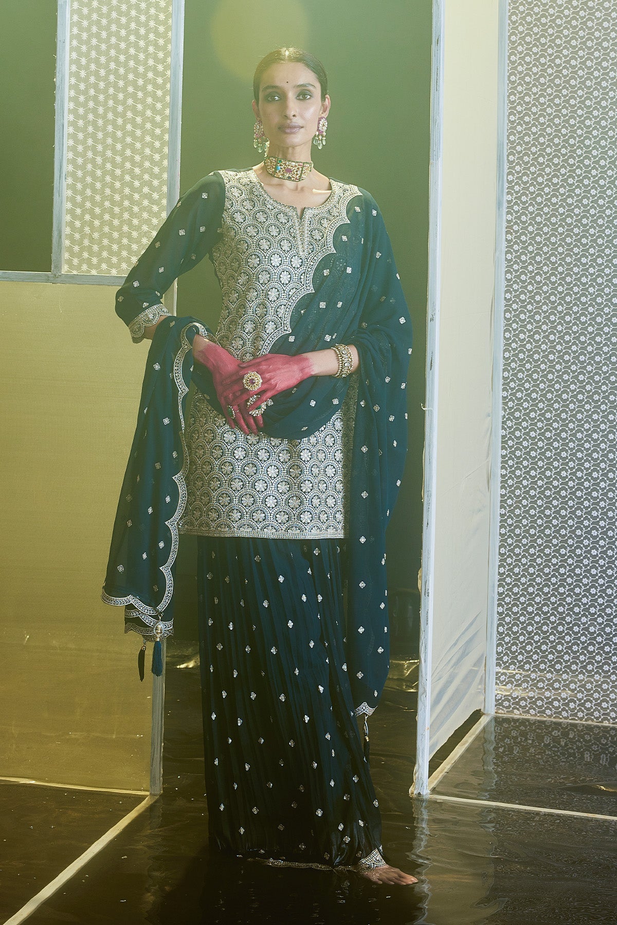 Blue Embroidered Short Kurta 3 Pcs Set