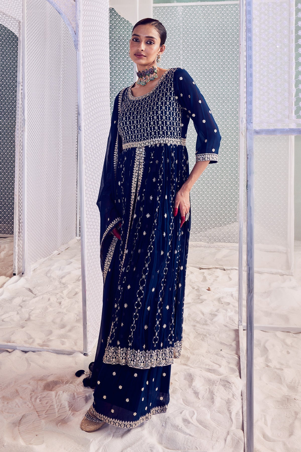 Blue Lehenga Shrug Dupatta 3 Pcs Set